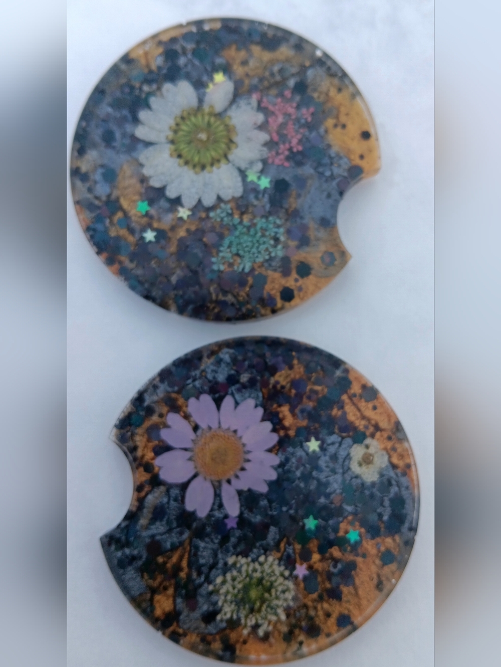 Handcrafted Floral Resin Car Coasters in Black and Gold - Set of 2